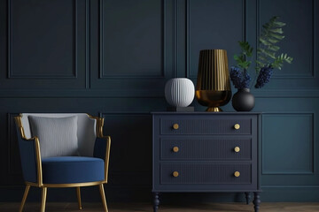 A 3D of a living room interior featuring a commode with a chair and stylish decoration. The backdrop showcases a mock-up dark blue wall, adding a contemporary touch to the design. 