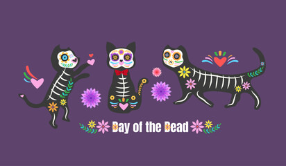 Day of the dead, Dia de los muertos, animals skulls and skeleton decorated with colorful Mexican elements and flowers. 