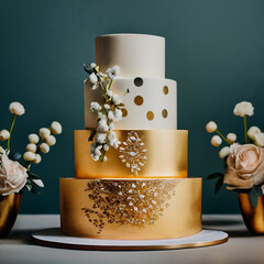 Luxury Gold and white wedding cake, AI generated
