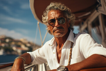 Charismatic handsome middle-aged man sailor on a yacht. Sailing, sea travel - obrazy, fototapety, plakaty