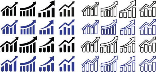 set of blue arrows growing up business icons, Graph icons in trendy flat style with editable stock isolated on transparent background. Chart bar symbol collection for your web site design, logo, app.