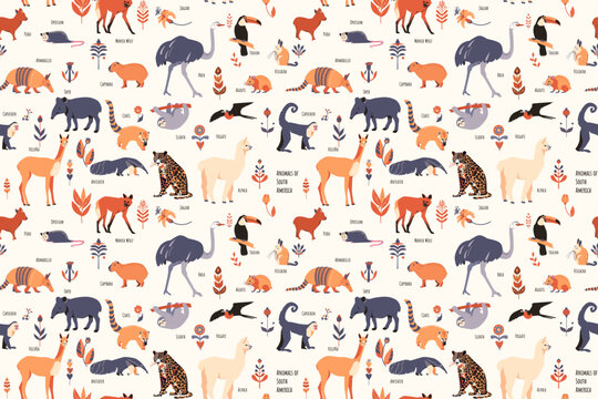 Seamless pattern with South American animals with floral elements and captions. Simple vector style, beige colors.