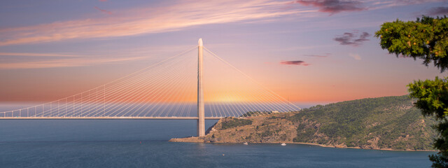 Yavuz Sultan Selim Suspension Bridge after sunrise, a suspension bridge that spans the Bosphorus...