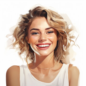Happy charming smiling young beautiful woman, face close up. Open happy female face with charismatic smile. AI generated. 