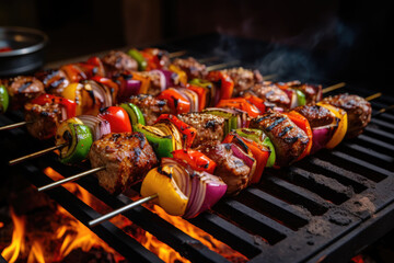 Shish kebab or shish kebab, grilled barbecue with vegetables. Fried pieces of pork meat on metal skewers. - obrazy, fototapety, plakaty