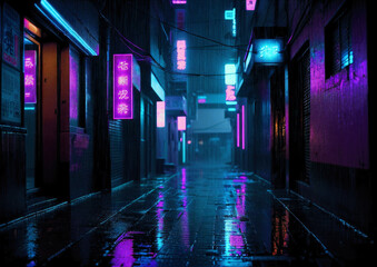 Neon lights of dystopian cyberpunk future, night time shot of dense city alley ways. - obrazy, fototapety, plakaty
