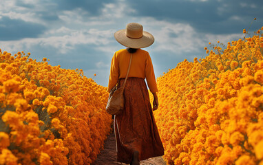 woman walking in a field of flowers