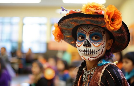 girl celebrating the day of the dead in her classroom