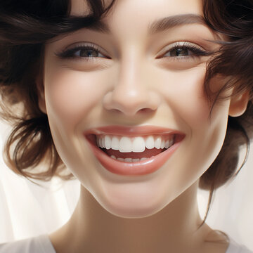 Happy smiling young beautiful woman, face close up. Open happy female face with charismatic smile. AI generated. 