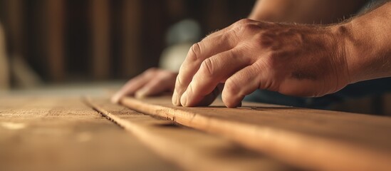 Fototapeta na wymiar Carpenter working on wooden table in his workshop, closeup