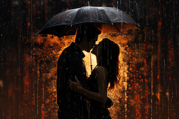 lovers kissing under the rain