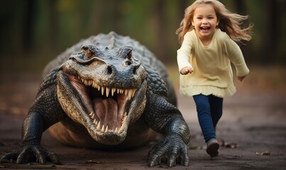 Surrounded by awe and amazement, the little girl confidently sat atop the alligator and rode it like a pro. - obrazy, fototapety, plakaty