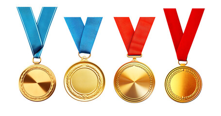 set of golden medals with red and blue ribbon cut out isolated on transparent background