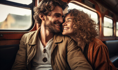 Happy young couple sitting in the train , traveling to their vacation by train.  Active lifestyle concept