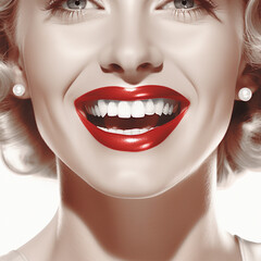 Fototapeta premium Happy smiling young beautiful woman, face close up. Open happy female face with charismatic smile. AI generated. 