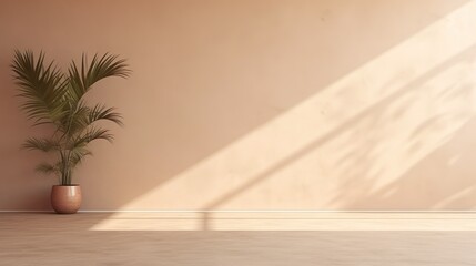 Empty Beige Space with Play of Light, Shadow, and Palms for Creative Design, Interior Design with Copy Space, Mockup