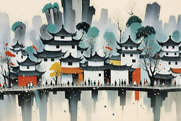 Chinese Painting Landscape Villages