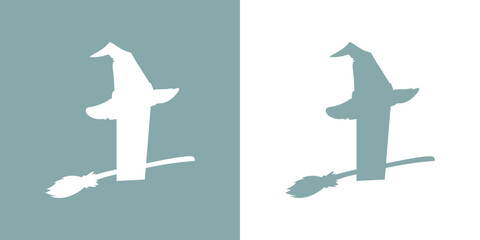 Icono letra inicial I con silueta de sombrero de bruja volando en escoba. Logo para su uso en invitaciones y tarjetas de Halloween © teracreonte