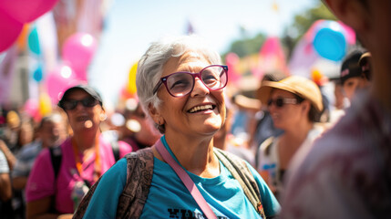 Close up portrait of female activist standing in a crowd of women during demonstration for women's rights