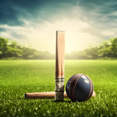 cricket leather ball resting on cricket bat on the cricket stadium pitch, AI-generated image