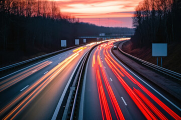 Obraz premium Flowing traffic on a highway at night. Motion lights from moving cars with long exposure.