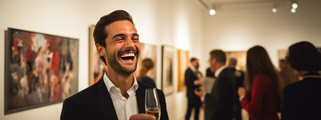 Man stands with a glass of champagne during an exhibition at the gallery