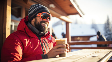 Fototapeta na wymiar Happy man drinks a hot drink at a skier's cafe at the top of a mountain.