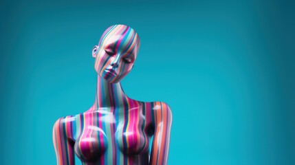 Female rainbow lines mannequin doll sculpture with minimal vivid color background, shiny reflective acrylic, naked upper body bust, future window dresser fashion and style concept.  - obrazy, fototapety, plakaty