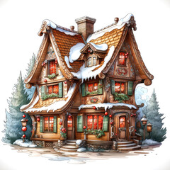 Magical gingerbread Christmas house in the forest. illustration on white background