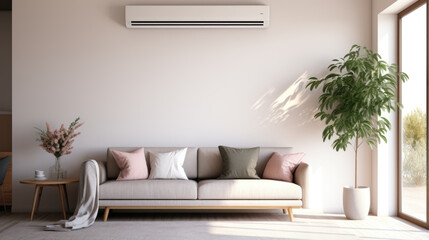 Air conditioner on white wall in modern room with stylish grey sofa