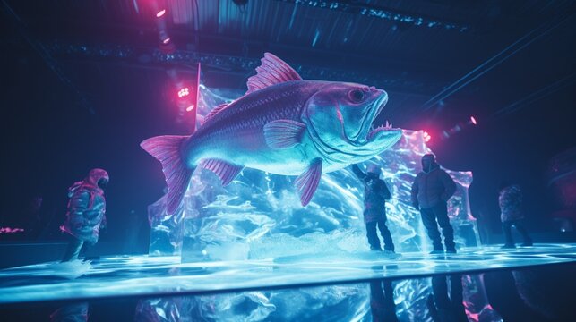 A virtual ice fishing competition with contestants trying to catch the biggest holographic fish.