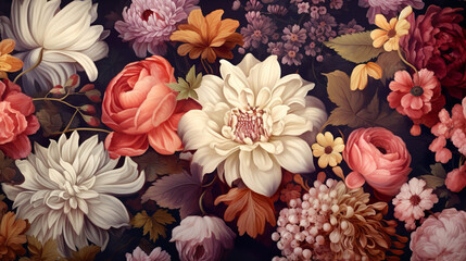 Obraz na płótnie Canvas Exquisite vintage botanical wallpaper adorned with a fantasy floral bouquet, presenting a timeless motif suitable for digital floral print backgrounds