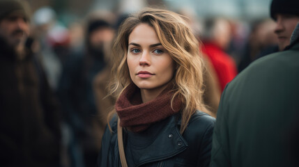 Close up portrait of female activist standing in a crowd of women during demonstration for women's rights