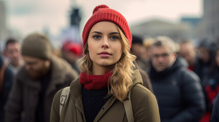 Obraz premium Close up portrait of female activist standing in a crowd of women during demonstration for women's rights