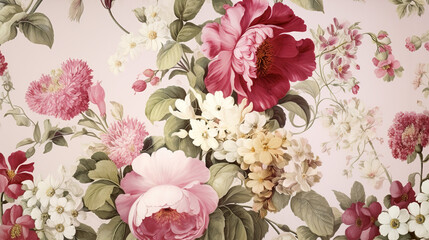Exquisite vintage botanical wallpaper adorned with a fantasy floral bouquet, presenting a timeless motif suitable for digital floral print backgrounds