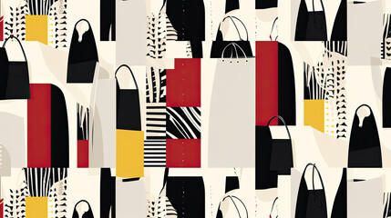 A sleek 2D vector pattern showcasing black and white shopping bags against a minimalist white background. Occasional pops of red and yellow provide a touch of visual interest.