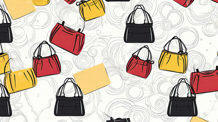 A minimalist 2D vector pattern featuring white shopping bags with delicate black outlines arranged in a clean and organized layout. Occasional touches of red and yellow add a subtle pop of color.