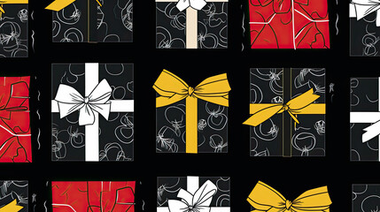 A refined 2D vector pattern featuring clean black gift boxes with elegant white ribbons arranged in an aesthetically pleasing fashion. Occasional pops of red and yellow provide a hint of vibrancy.