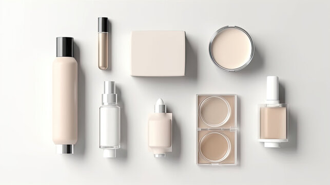 An intricate mockup of a cosmetics set isolated on white background top view.