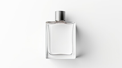 A clean mockup of a bottle of perfume with label isolated on white background top view.