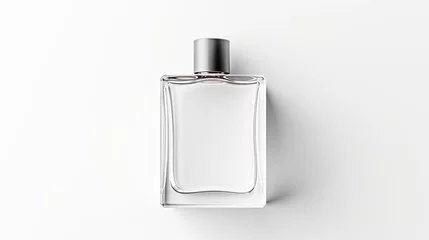 Fotobehang A clean mockup of a bottle of perfume with label isolated on white background top view. © javier