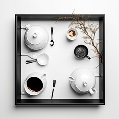 An elegant mockup of a tray with tea set isolated on white background top view.