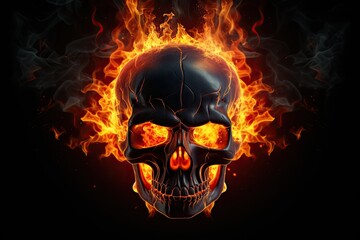 black skull with fire on black background - obrazy, fototapety, plakaty