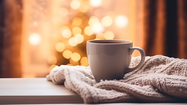 Une tasse de chocolat chaud posée sur une couverture en hiver. En arrière-plan, un sapin de noël allumée. 