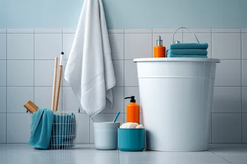 Fotobehang Various cleaning items for bathroom in a bucket on modern minimalist bathroom. buildings concept of cleaning and washing. © cwa