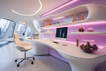 Modern high tech computer room with futuristic interior eye catching cyberpunk neon light desk room.