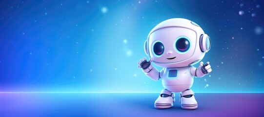 Smiling cute little robot with big eyes indicating at pastel gradient background.
