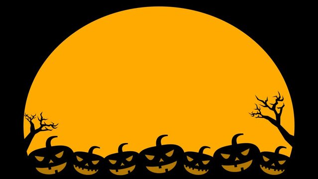Yellow Black Halloween animation background with pumpkins head, creepy tree branches and trunks, a large full moon, and a copy space area.