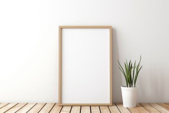 frame with blank poster mockup on wooden table with green plant in pot. White wall background