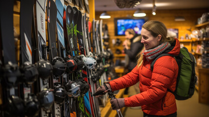 Woman picks out ski equipment for the mountains at the store - Powered by Adobe